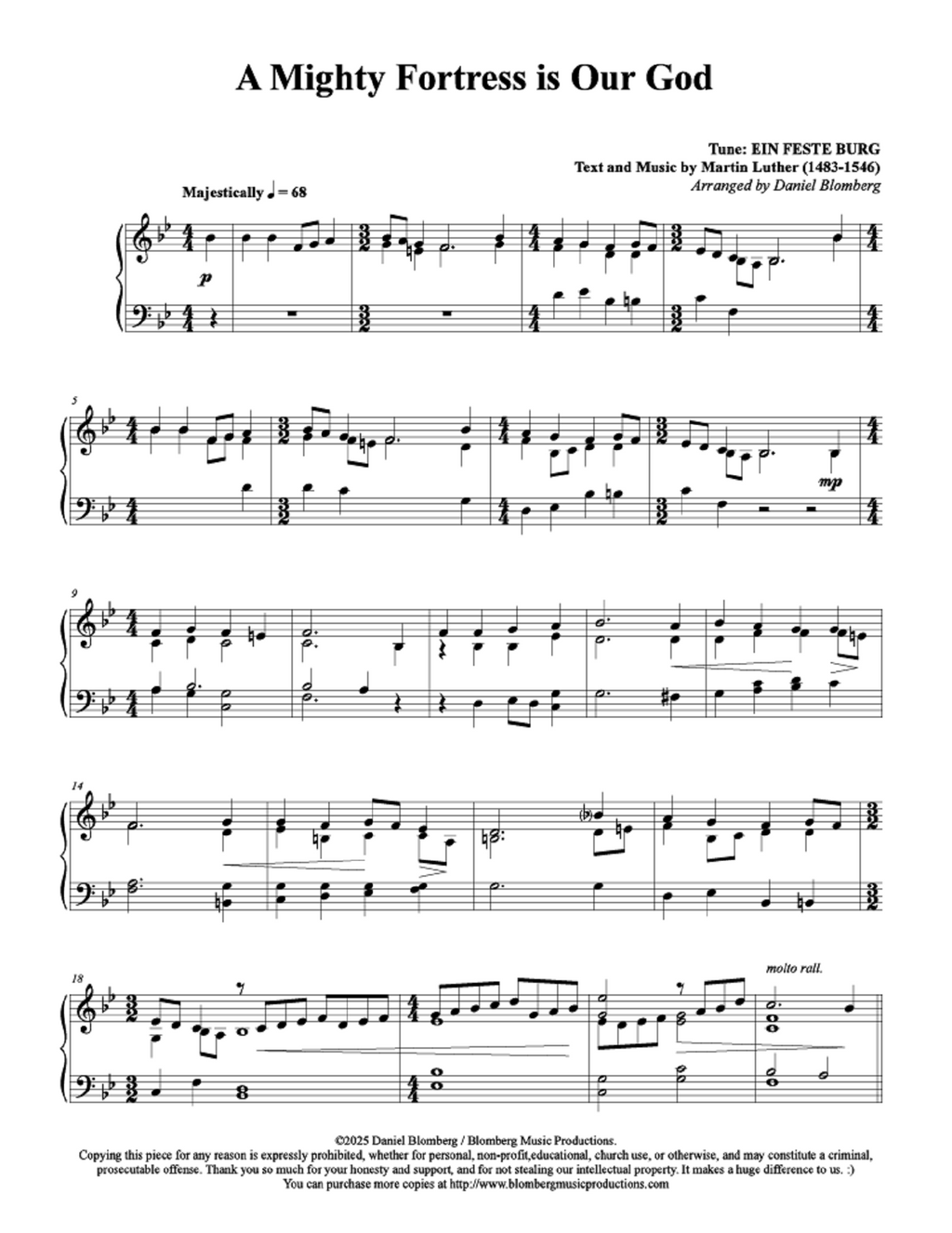 A Mighty Fortress Is Our God - arr. Daniel Blomberg (Piano Solo)