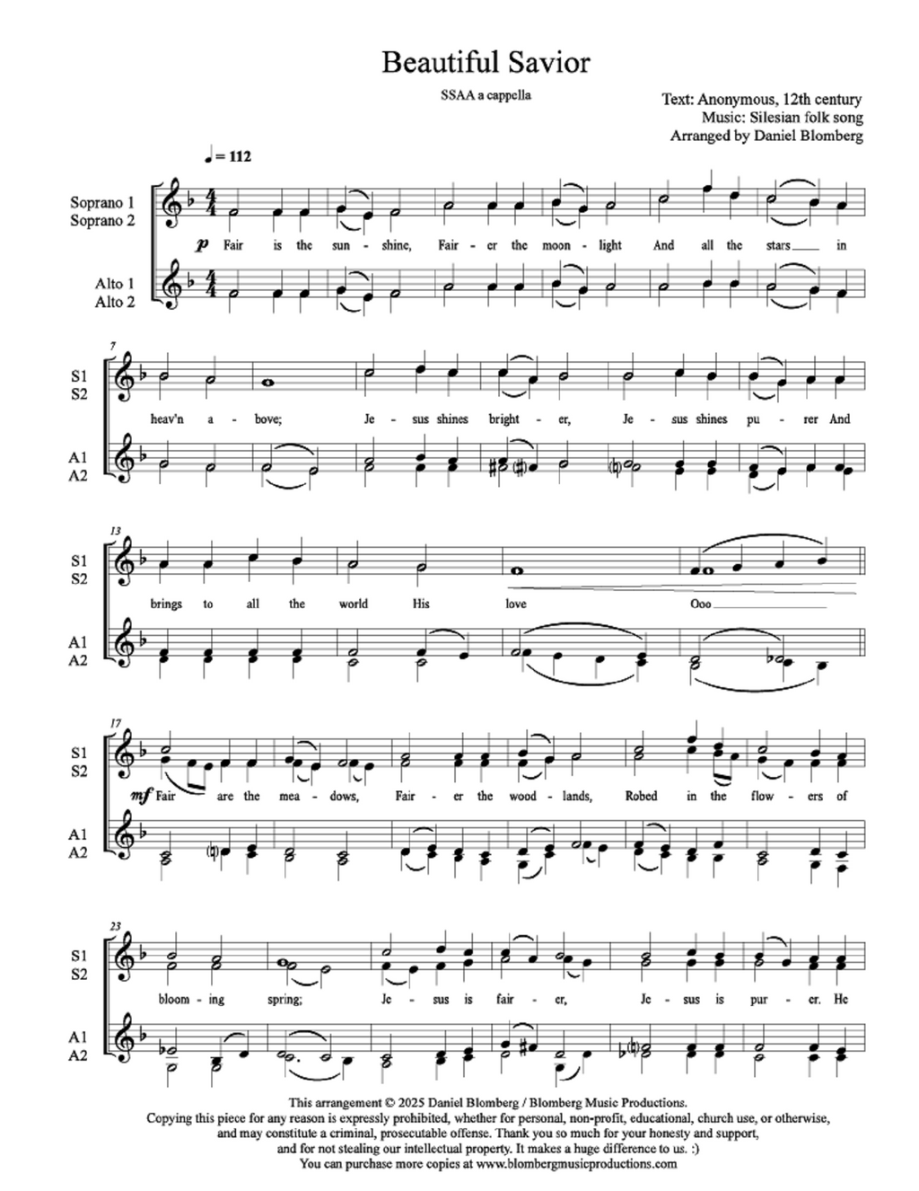 Beautiful Savior - arr. Daniel Blomberg (SSAA a cappella)