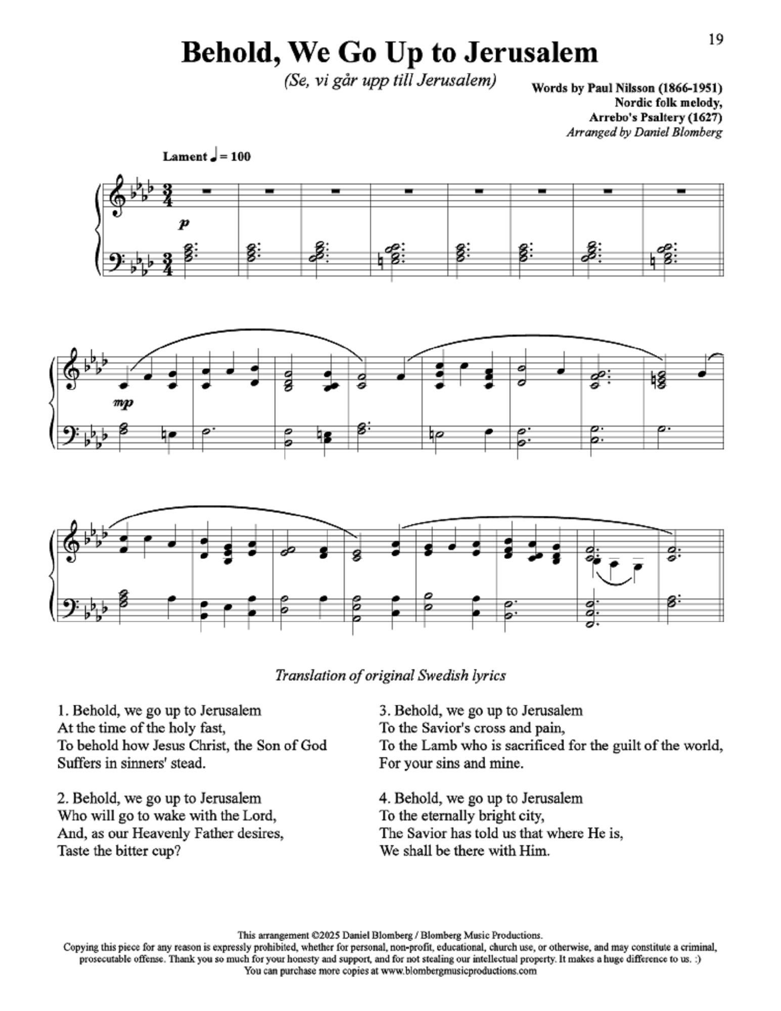 Behold, We Go Up to Jerusalem (Se, vi går upp till Jerusalem) - arr. Daniel Blomberg (Piano Solo)