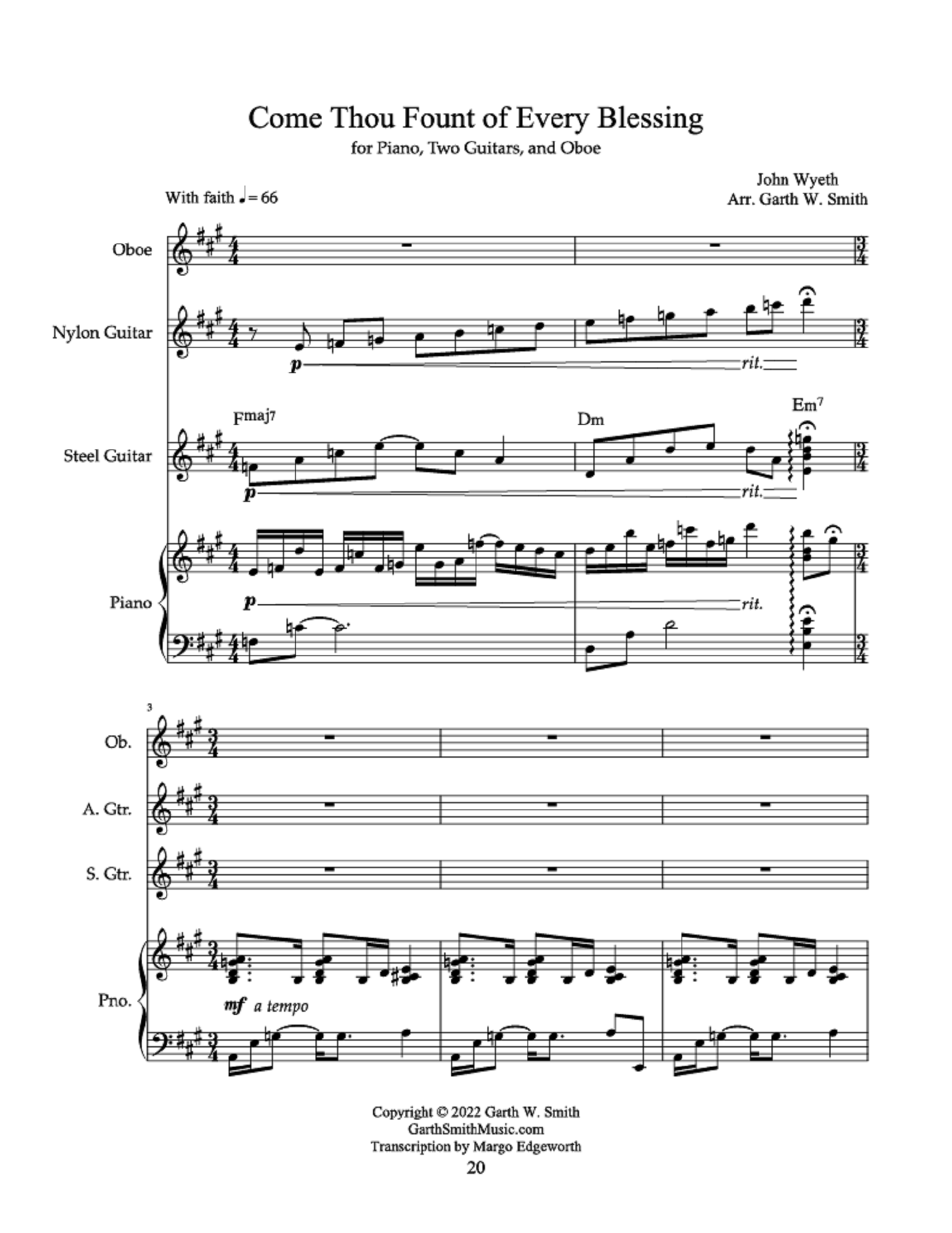 Come Thou Fount of Every Blessing - arr. Garth W. Smith (Piano Solo with Guitar/Oboe accompaniment)