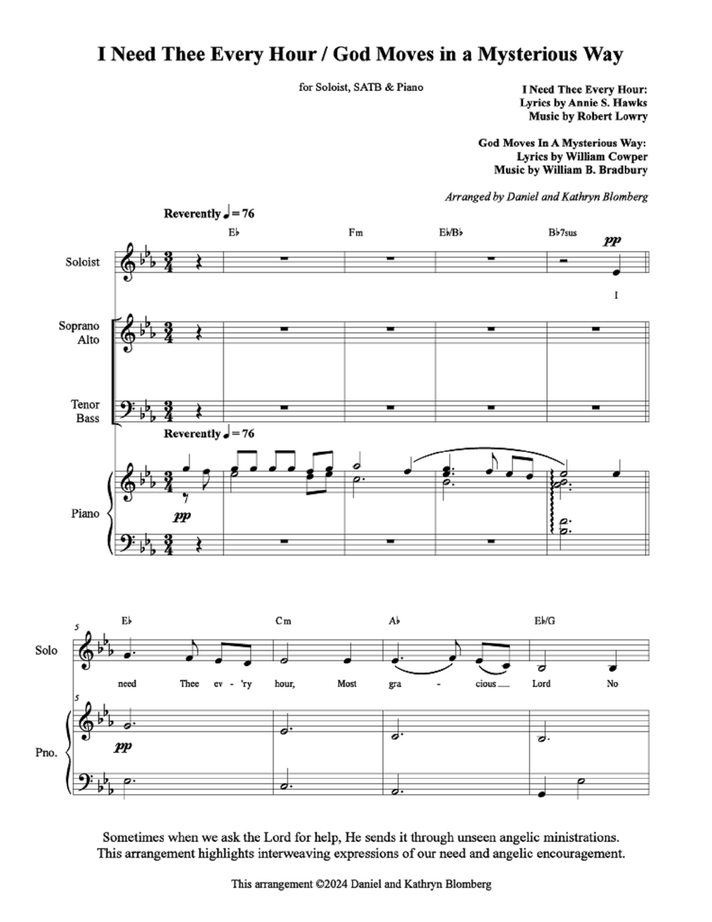 I Need Thee Every Hour/God Moves In a Mysterious Way - Medley - arr. Kathryn & Daniel Blomberg (Vocal Solo + SATB Choir)
