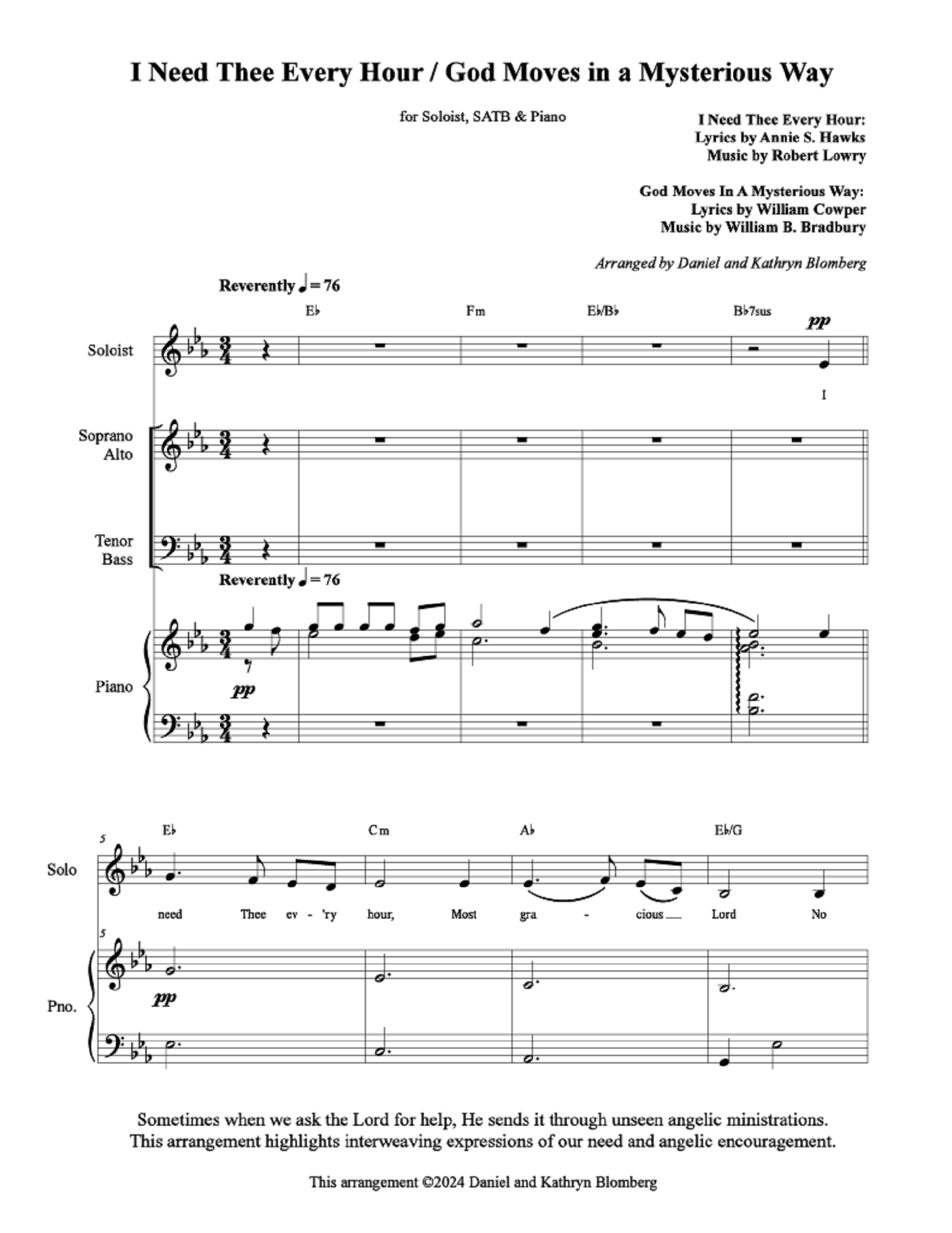 I Need Thee Every Hour/God Moves In a Mysterious Way - Medley - arr. Kathryn & Daniel Blomberg (Vocal Solo + SATB Choir)