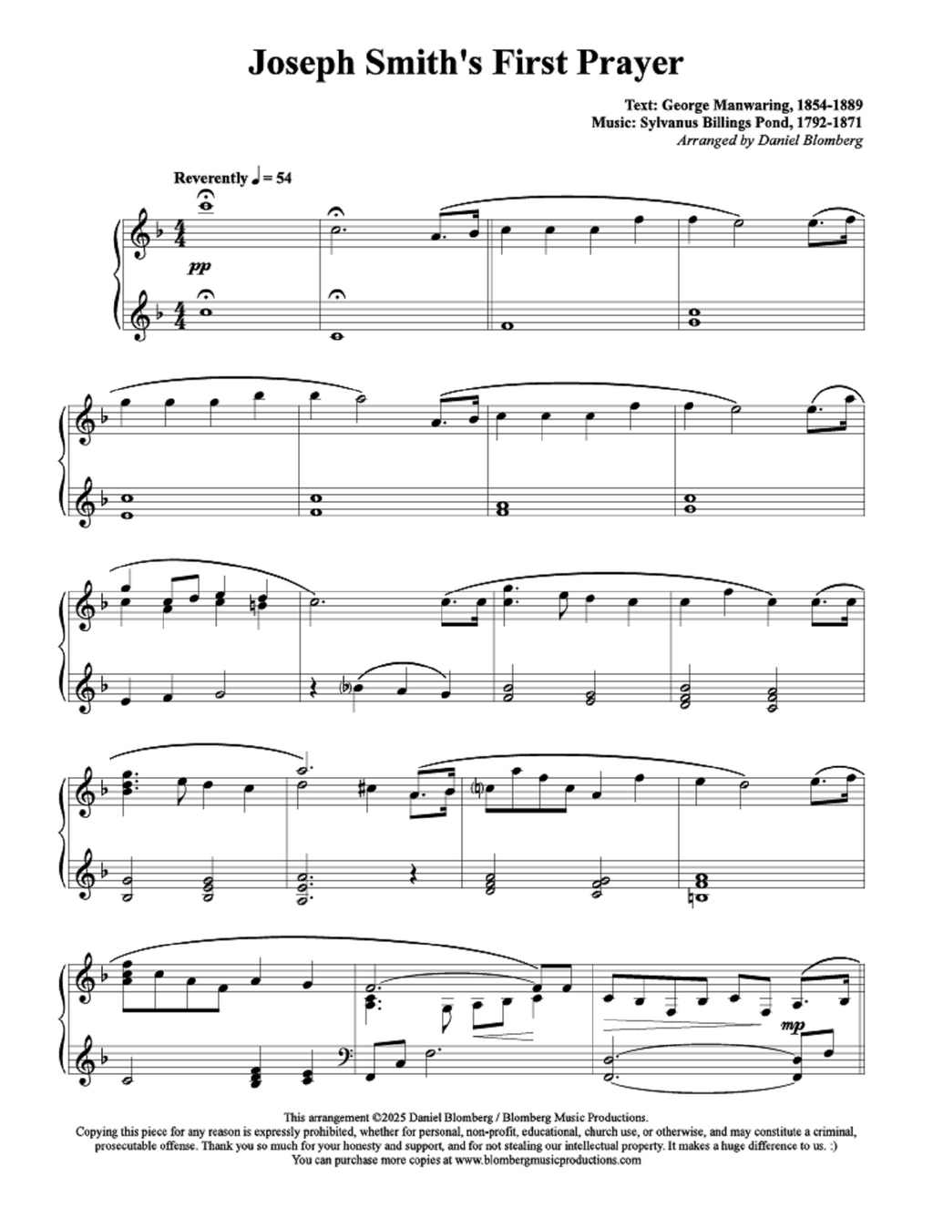 Joseph Smith's First Prayer - arr. Daniel Blomberg (Piano Solo)